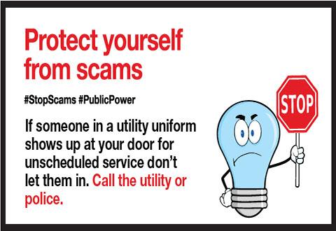 A lightbulb character holding a stop sign, with text that reads "Protect Yourself from scams."