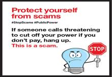 Image with a light bulb character warning against scams